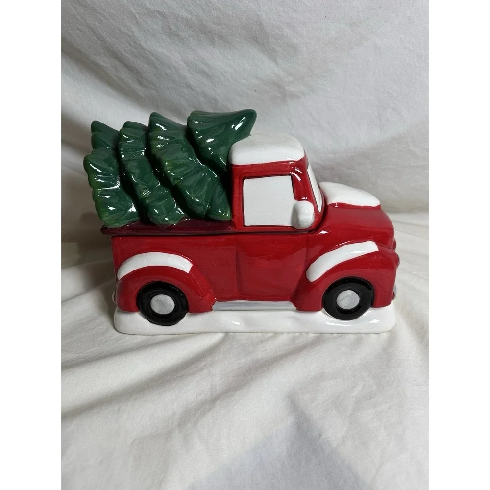 Christmas Red Truck Cookie Jar Canister w Tree Ceramic Holiday‎ Decor
